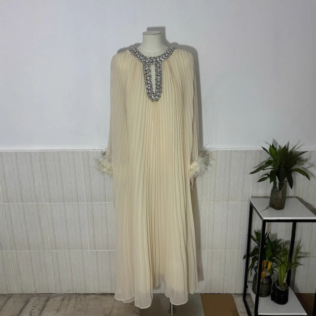 Women's Australian Fashion Beaded Feather Sleeve Long Autumn Hollow Pleated Dresses
