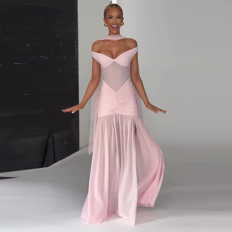 Women's Pleated Patchwork Slit Pink Long Dress Dresses