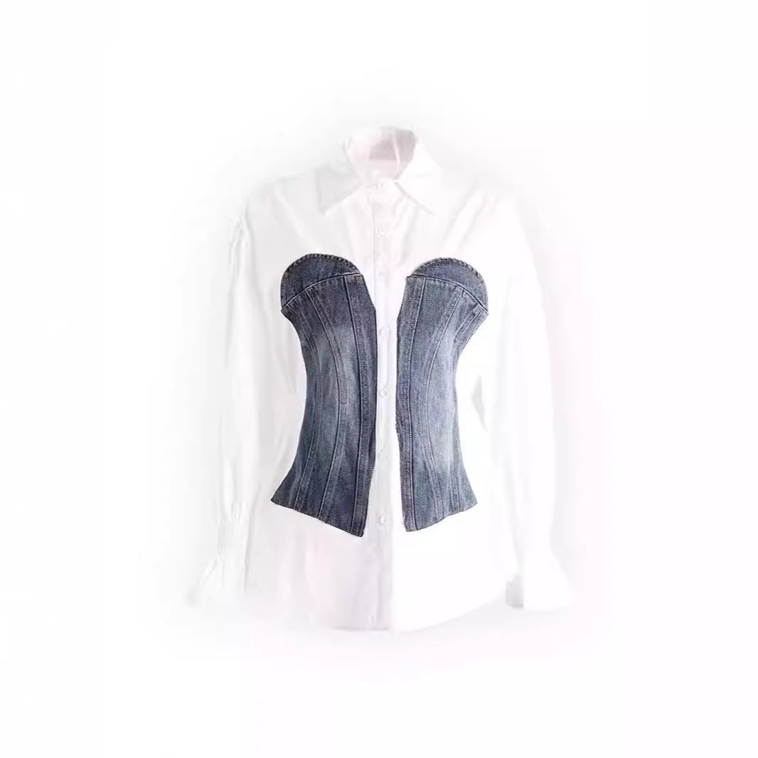 Women's Color Contrast Patchwork Denim Fake Waist Blouses