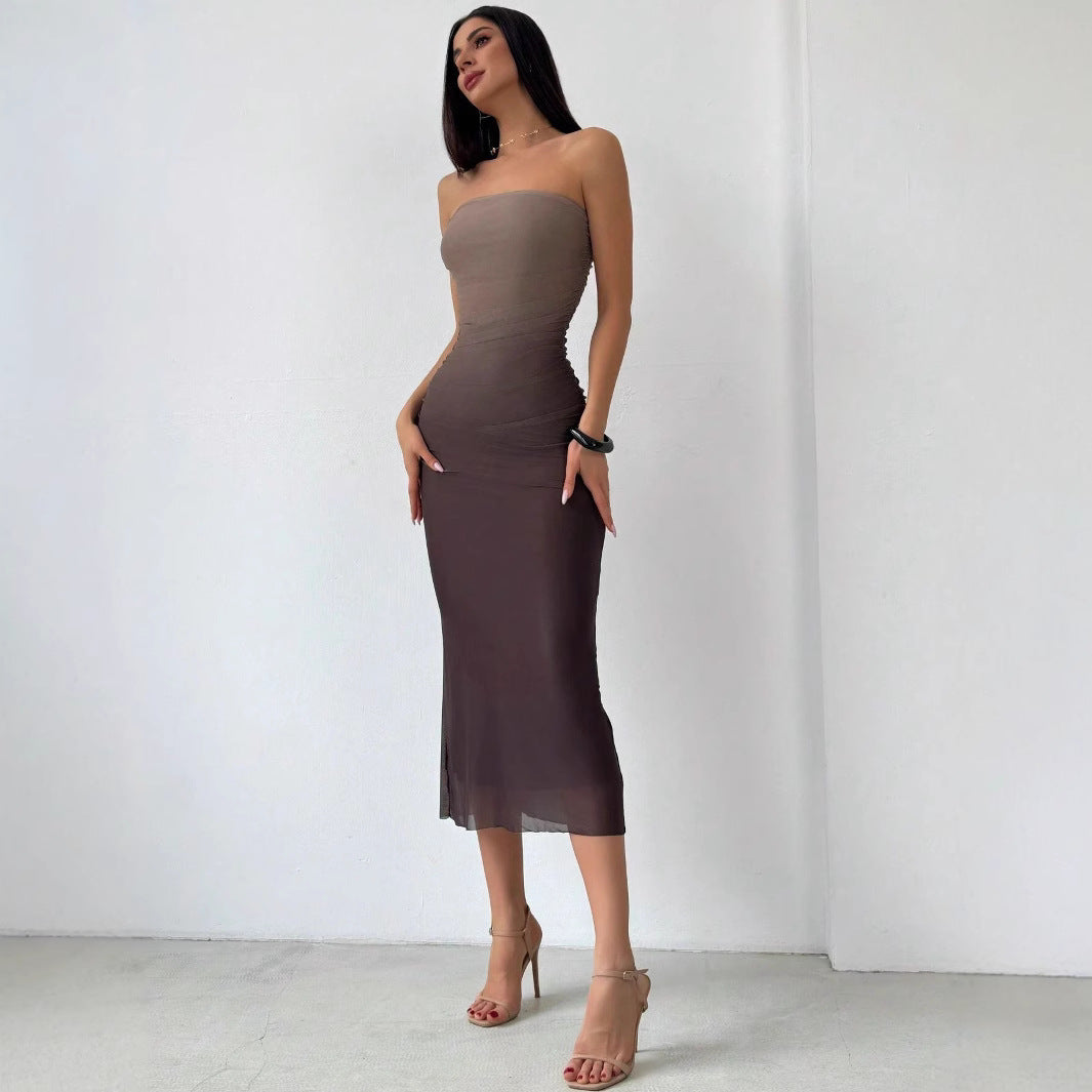 Gradient Pleated Sexy Tight Split Strapless Dresses