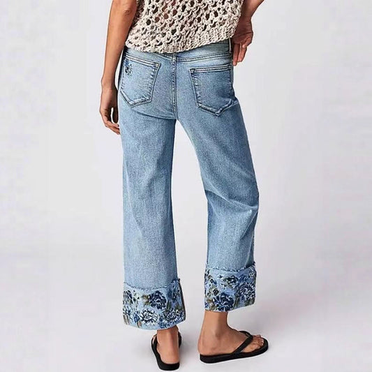 Women's Popular Fashion Mid Waist Straight Embroidery Jeans