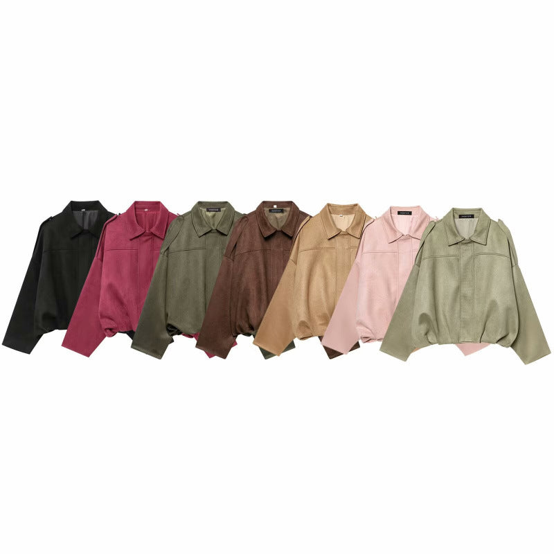 Women's Batwing Sleeve Loose Suede Texture Bomber Jackets