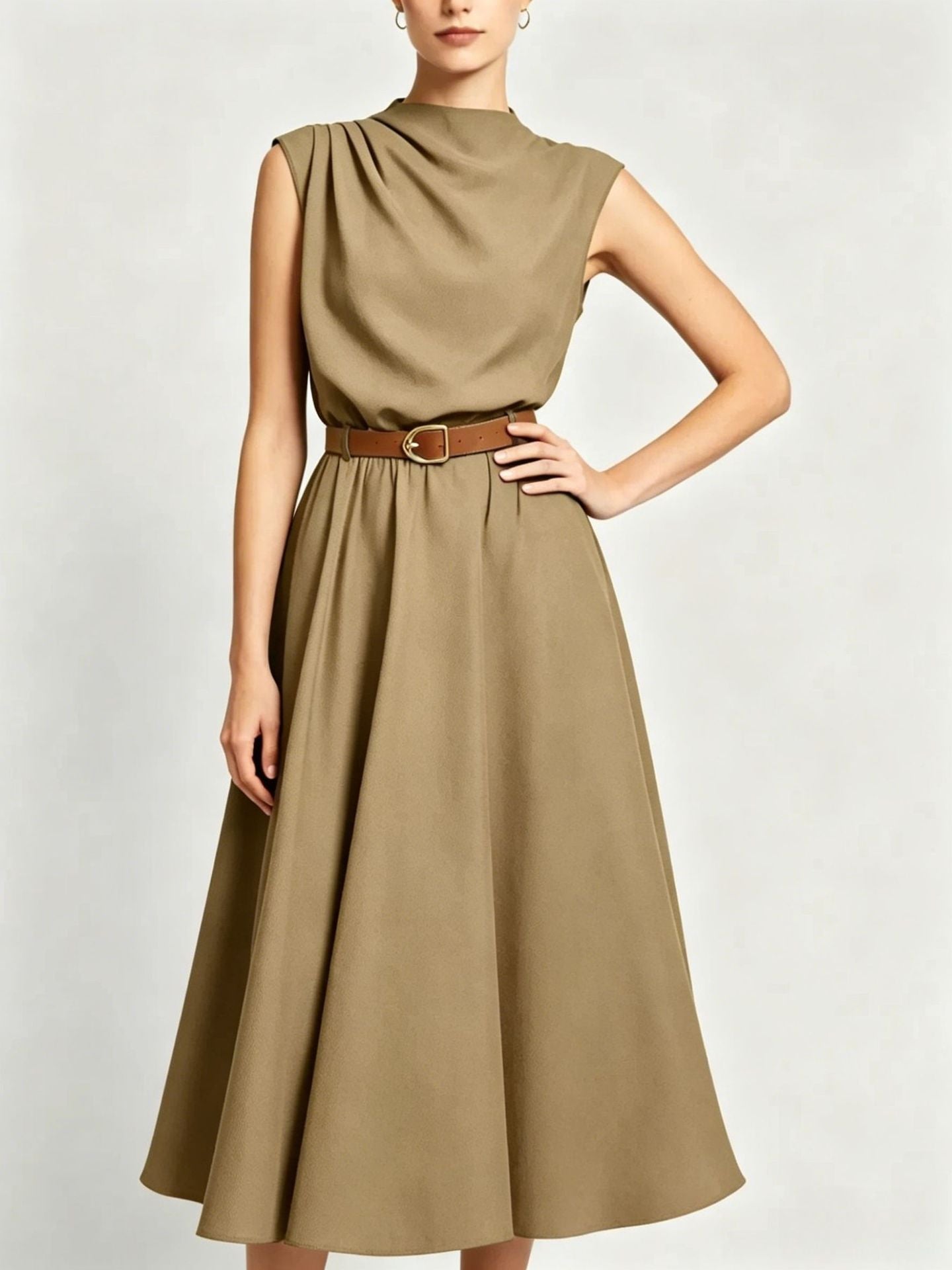 Summer Turtleneck Sleeveless Single Side Pleating With Dress