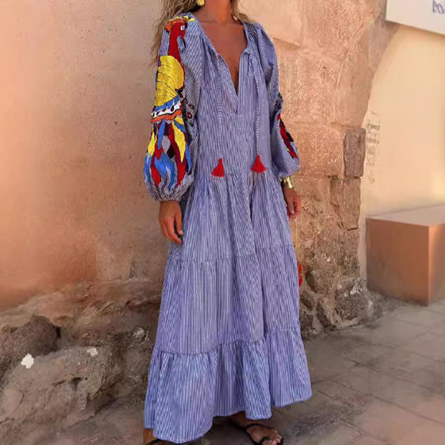 Autumn Long Sleeve Lantern Striped Printed Dresses