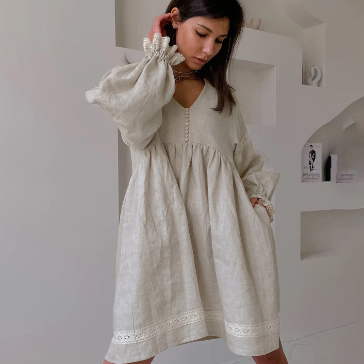 Women's Linen French Dress Temperament Commute Lantern Dresses