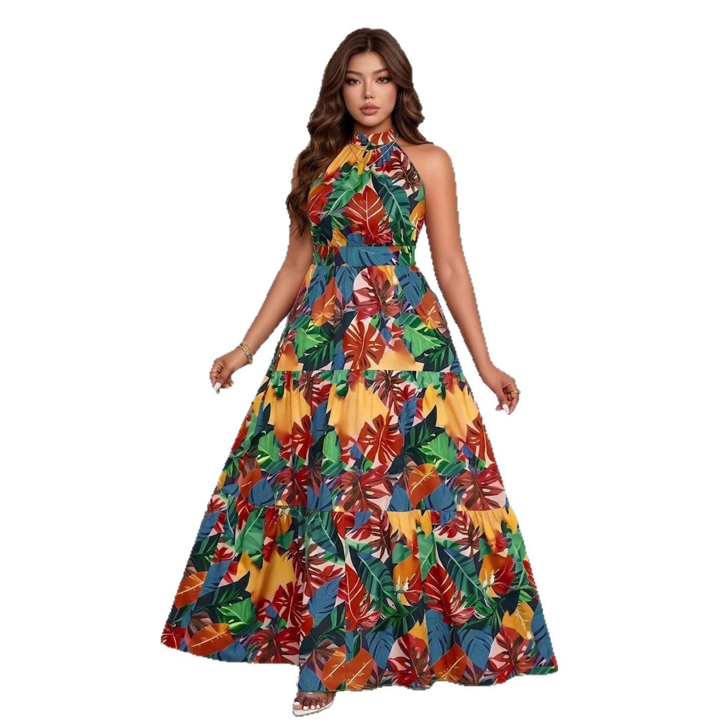 Women's Summer Fashion Sleeveless Halter Printed Waist Dress