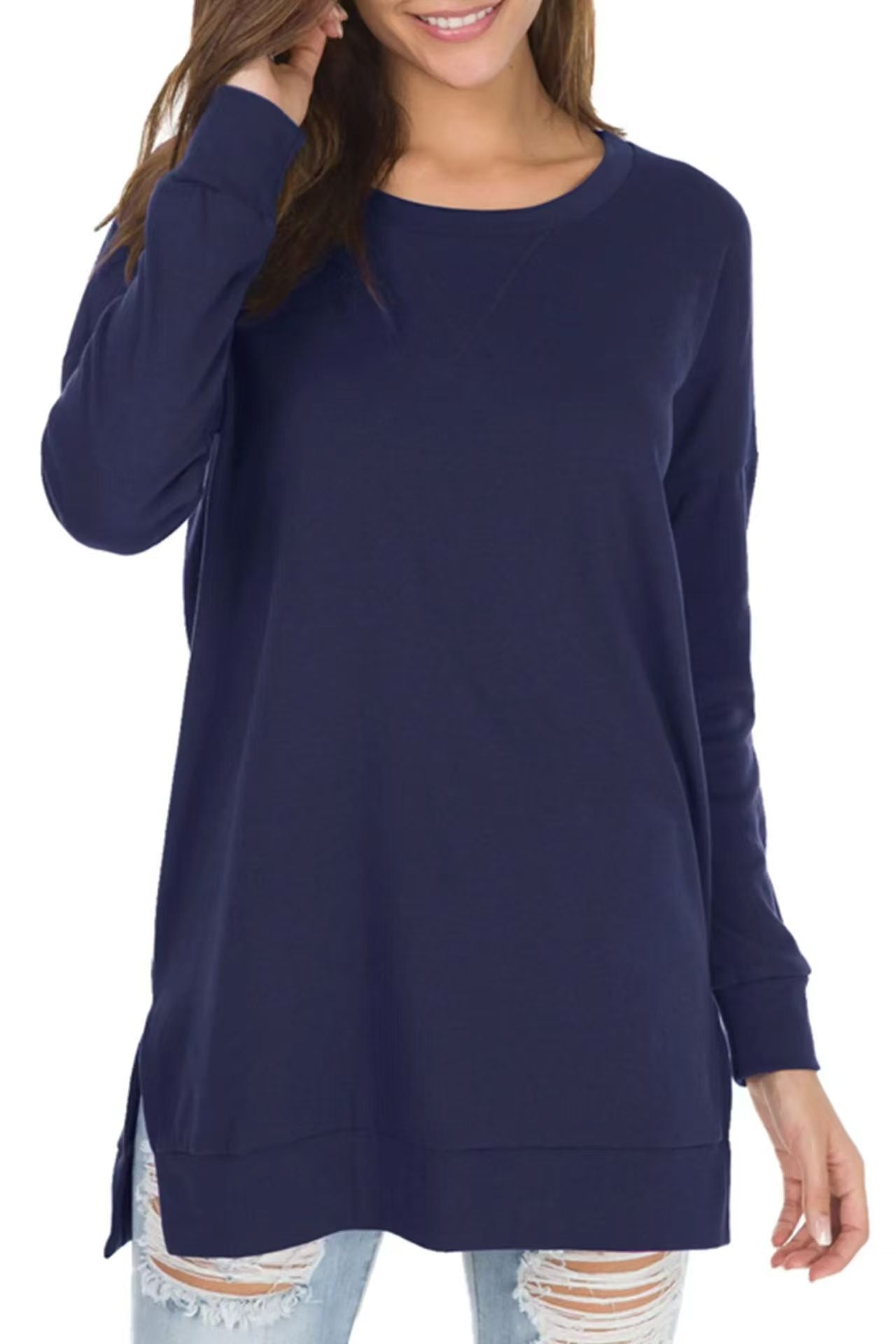 Women's Popular Slit Loose Round Neck Long Blouses