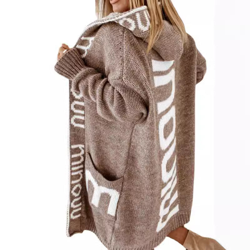 Women's Fashion Mid-length Hooded Letter Knitted Coats