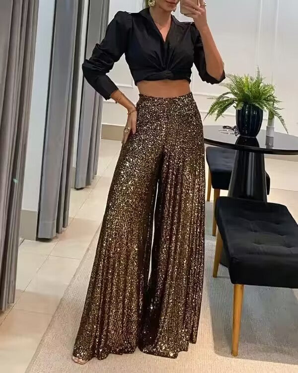 Elegant Commuter Everyday Style Pure Color Sequins Wide Pants
