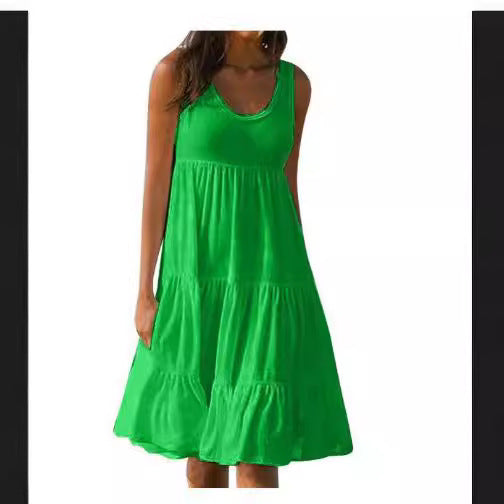 Women's Sleeveless Round Neck Stitching Big Swing Dresses