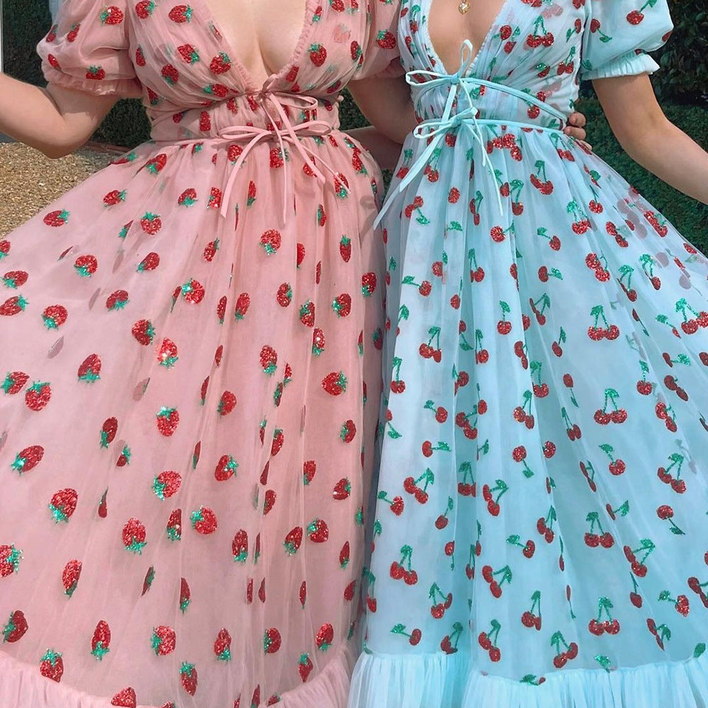Dress French Strawberry Two-color Sequined Mesh Dresses