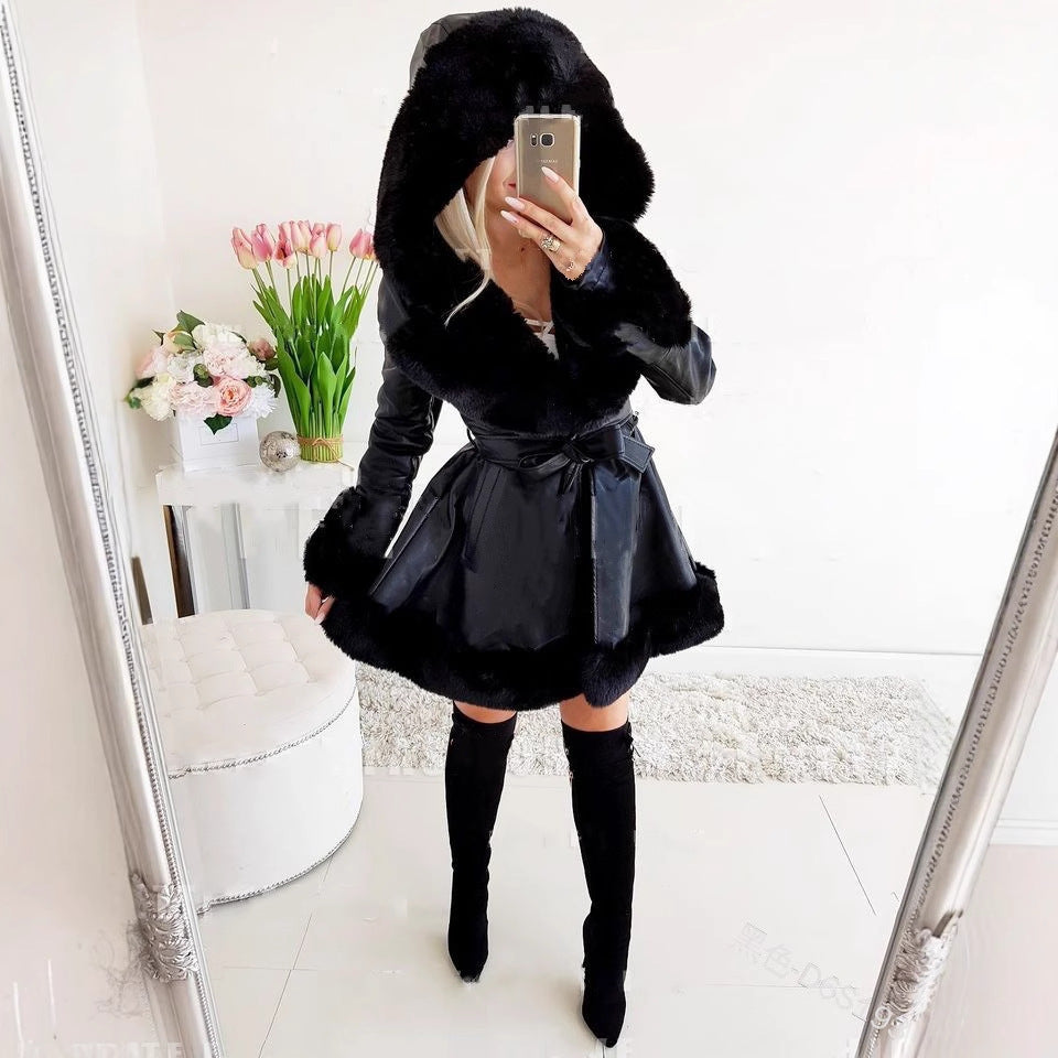 Women's Waist Trimming Winter Warm Ruffled Hooded Coats