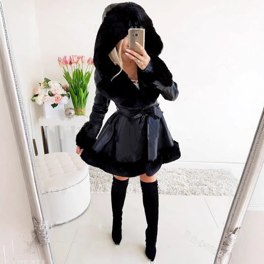 Women's Waist Trimming Winter Warm Ruffled Hooded Coats