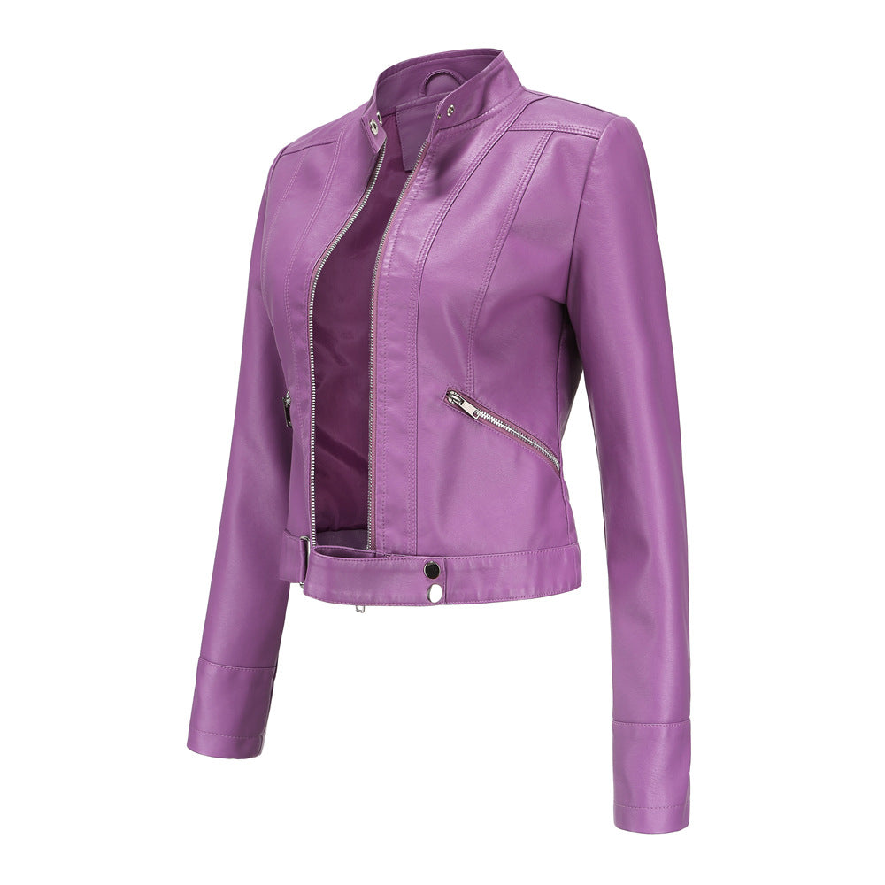Women's Leather Stand Collar Lady Thin Jackets