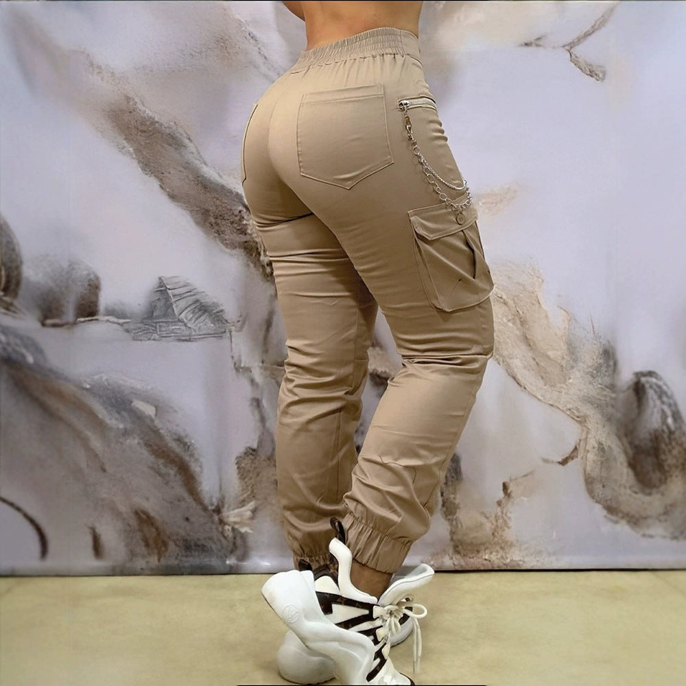 Solid Color Tooling High Waist Casual Pants