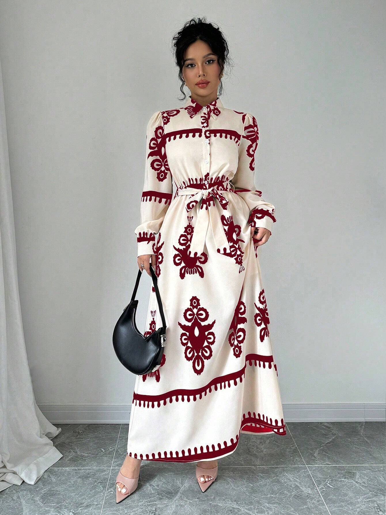 Printed Lace Up Shirt Long Sleeve Dress