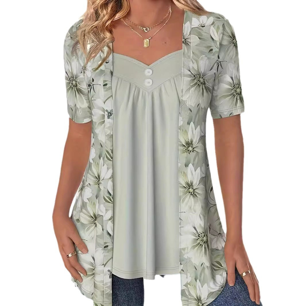 Women's Fake Two Pieces Sleeve Printed Fashion Blouses