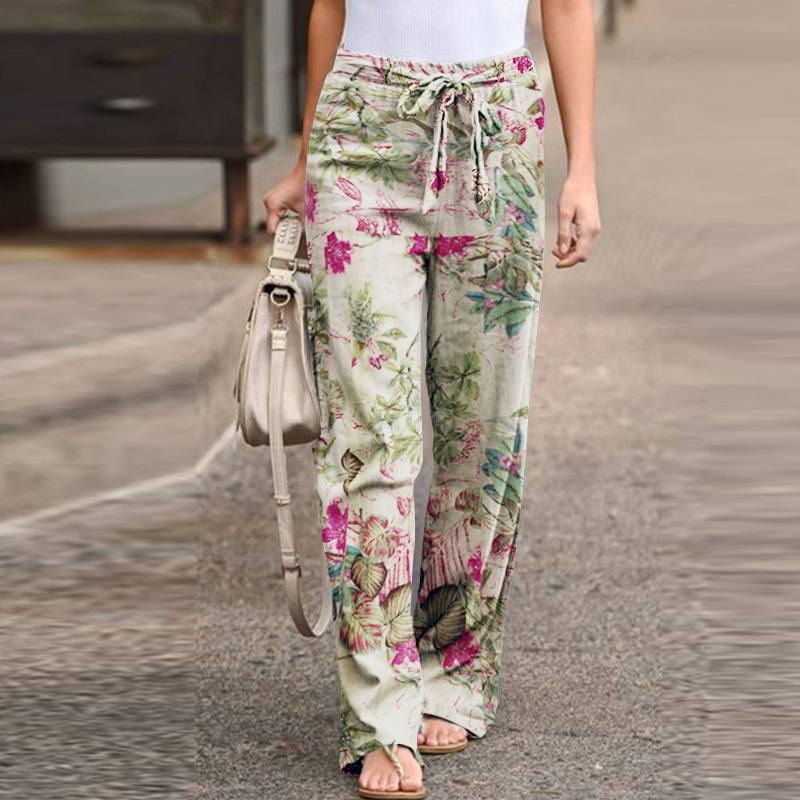 Women's Printed Cotton Linen Casual Comfortable Elastic Pants