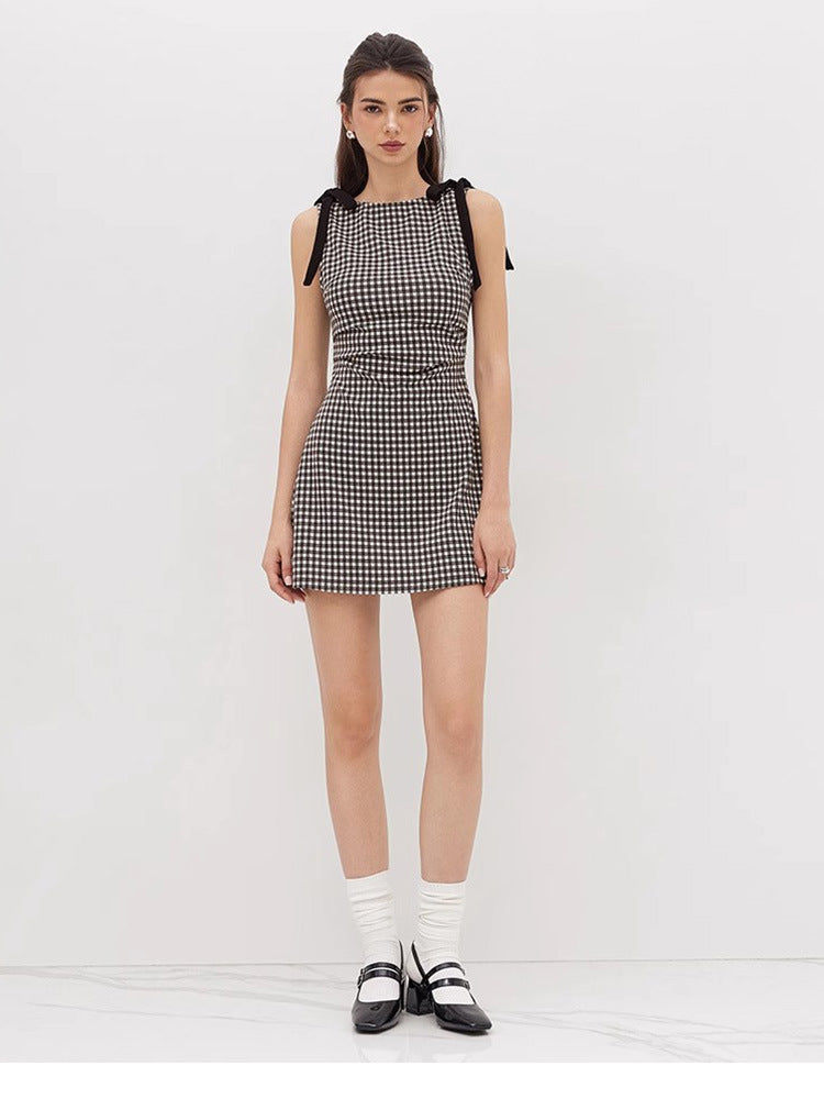 White Plaid Round Neck Pleated Bow Sleeveless Dresses