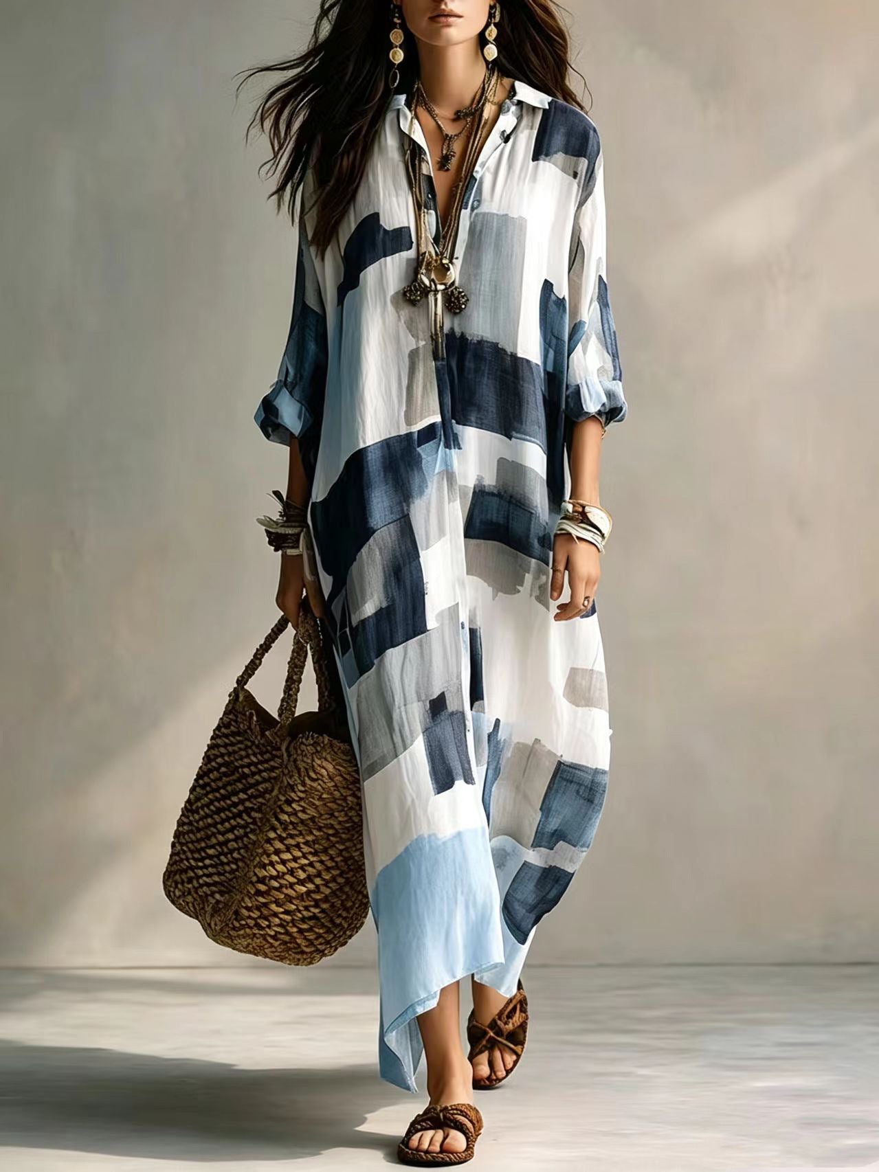 Women's Summer Geometric Printed Shirt Long Casual Vacation Style Dress