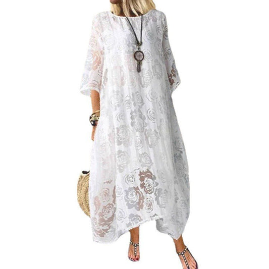 Round Neck Sleeve Lace Long Dress Shorts