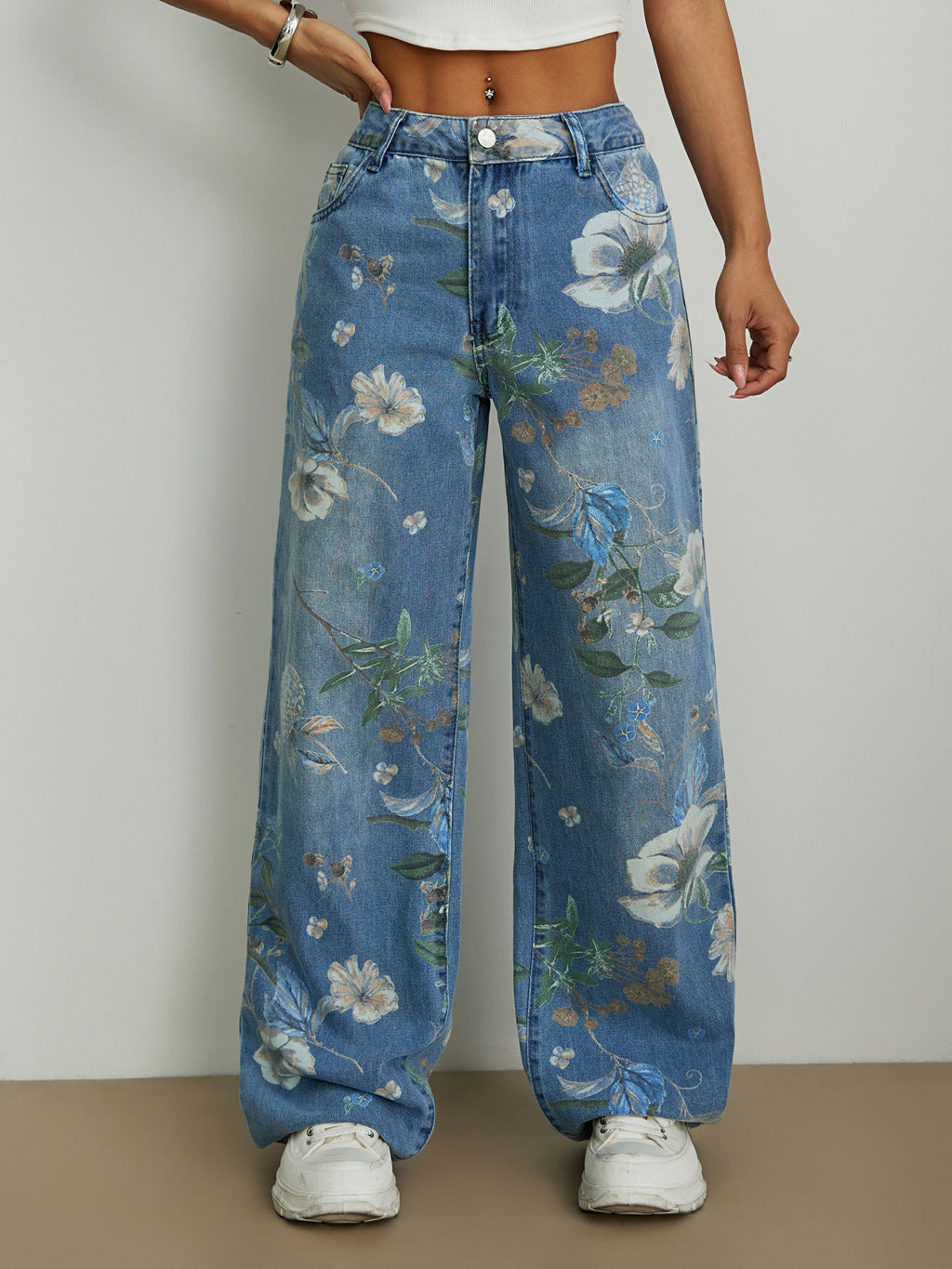 Street Fashion Loose Straight Printed Denim Jeans