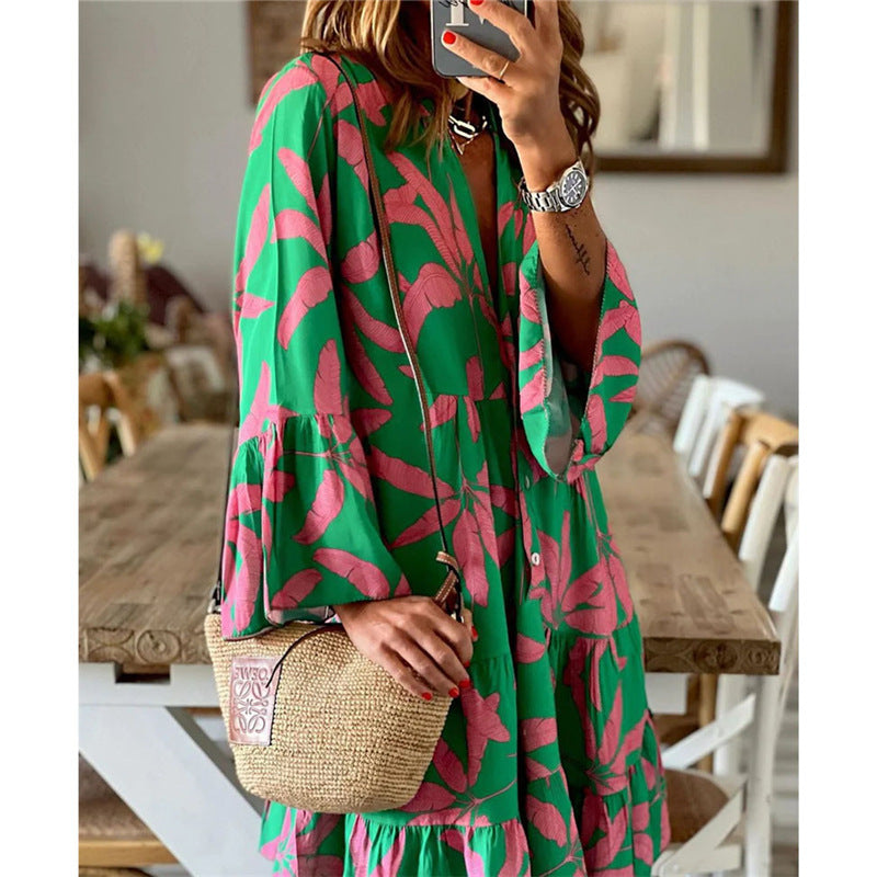 Women's Dress Long Sleeve Printed Flare Mid-length Dresses