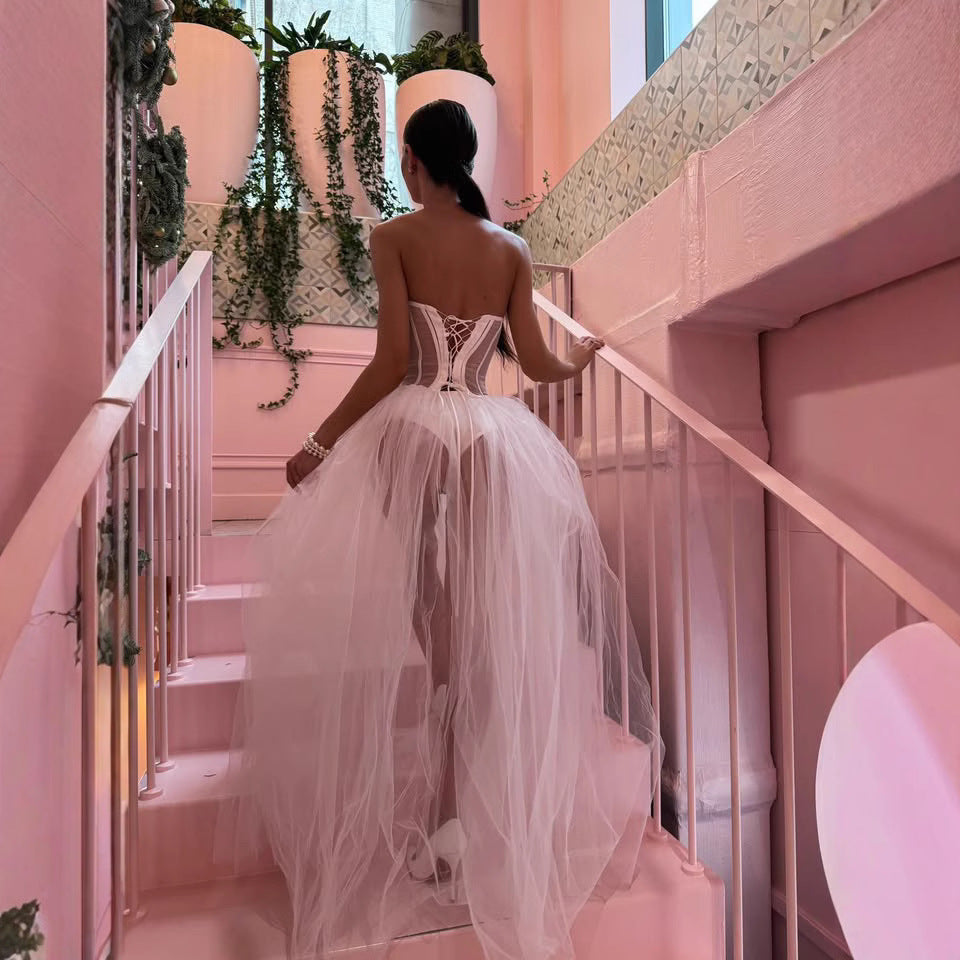 Fishbone Tube Dress Elegant Mesh Long Dresses