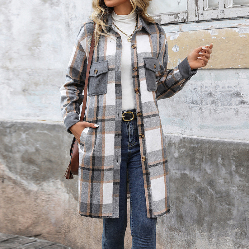 Women's Mid-length Plaid Vintage Brushed Square Splicing Coats