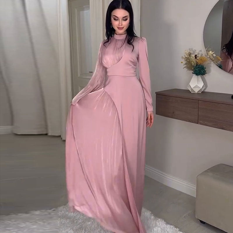 Women's Round Neck Contrast Color Long Sleeve High Waist Dresses