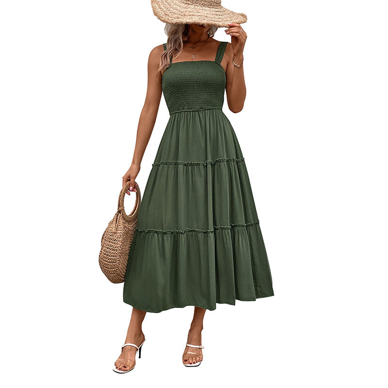 Women's Patchwork Summer Smocking Spaghetti Straps Sleeveless Clothing