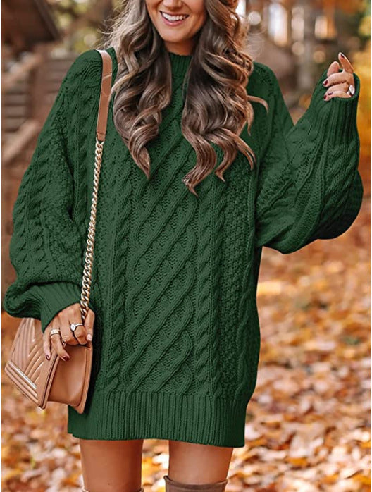 Women's Neck Long Sleeve Large Profile Twisted Knitted Knitwear