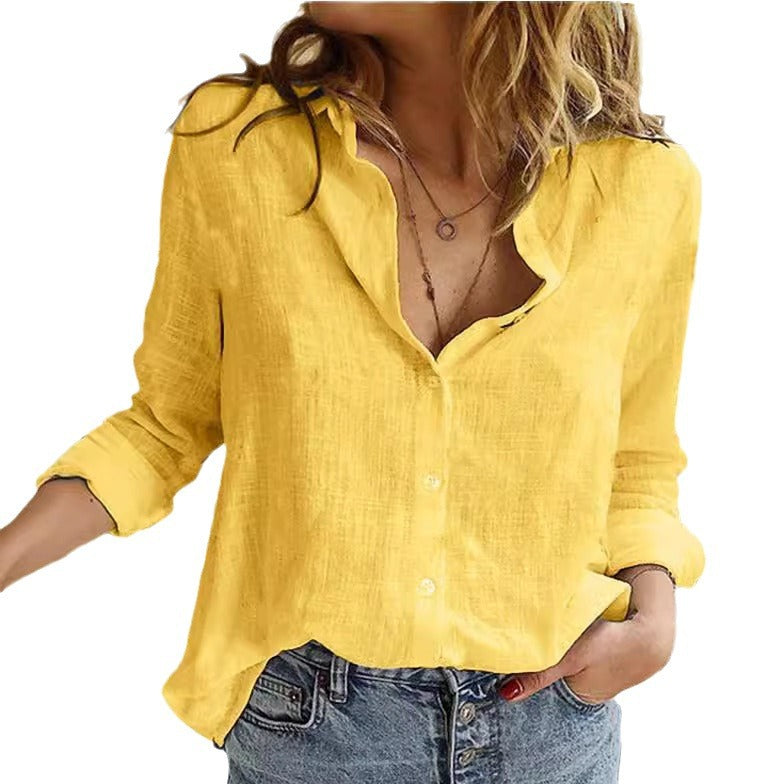 Solid Color Casual Loose Long-sleeved Linen Blouses