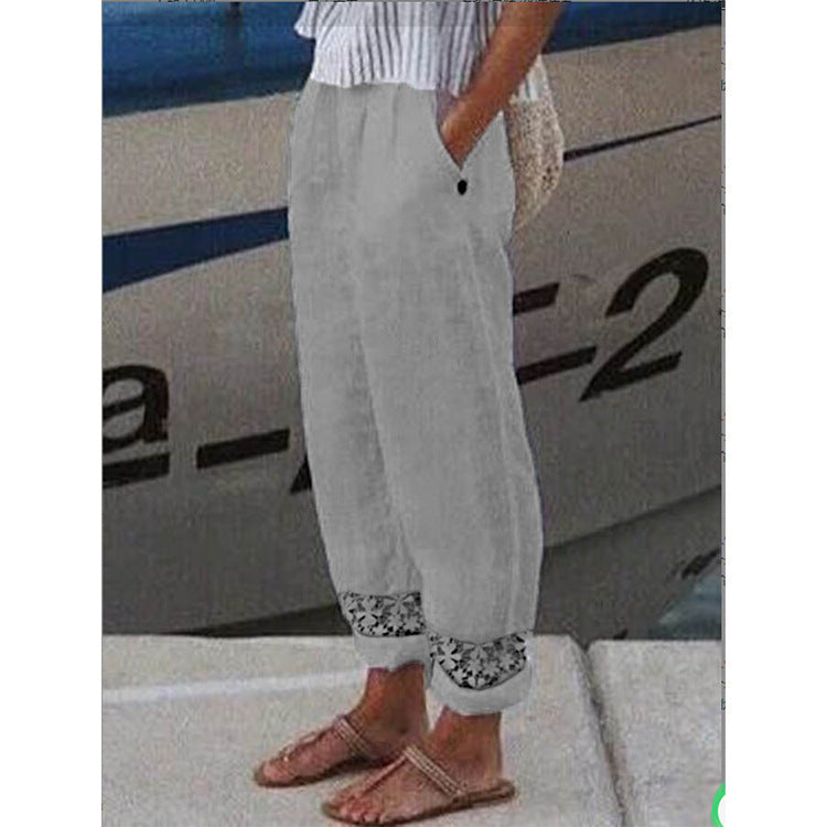 Women's Autumn Woven Cotton Linen Lace Pocket Pants