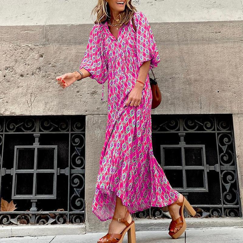 Women's Autumn Geometric Collage Puff Sleeve Dress Street Clothing