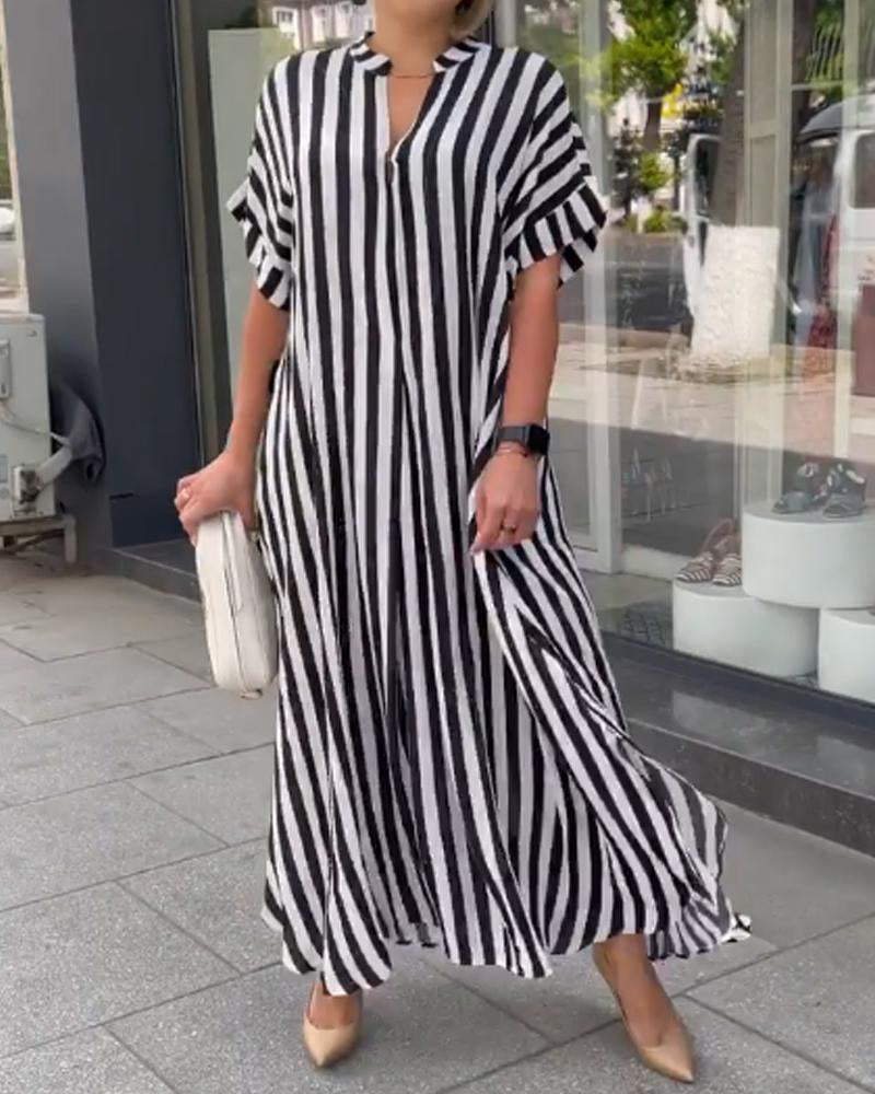Women's Striped Floral Print Slit Swing Long Dresses