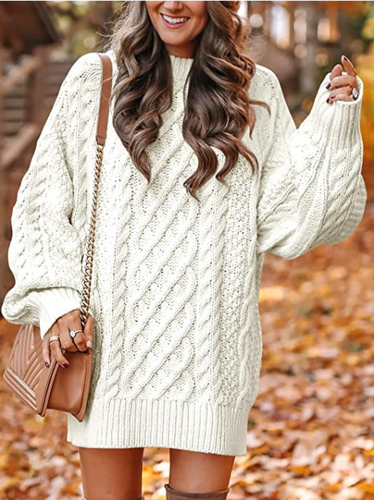 Women's Neck Long Sleeve Large Profile Twisted Knitted Knitwear