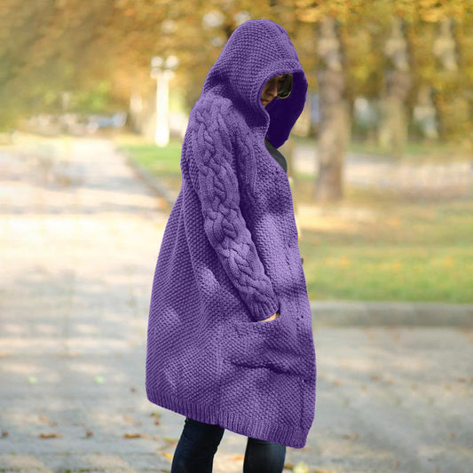 Women's Hooded Single-breasted Slim Street Hipster Long Knitwear