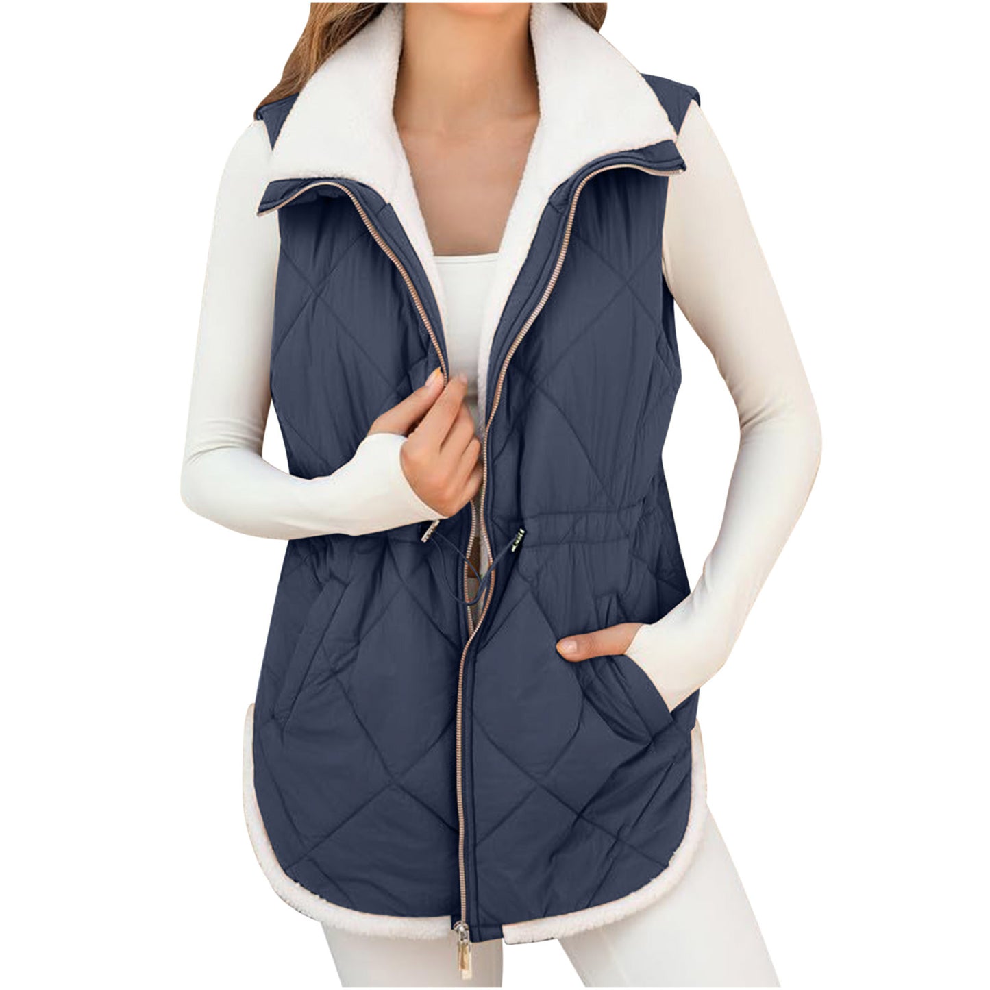 Women's Trendy With Plush Lining Pockets Drawstring Vests