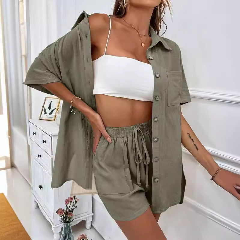 Women's Two-piece Solid Color Shirt Outfit Casual Loose Clothing