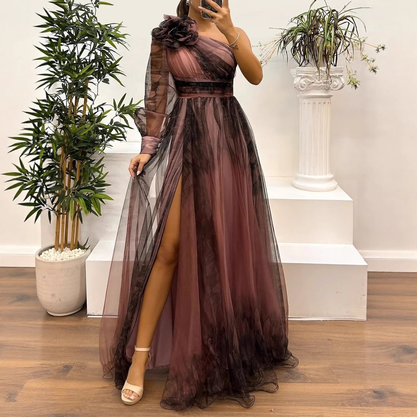 Oblique Shoulder Mesh Casual Loose Party Dresses