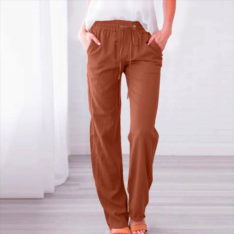 Women's Solid Color Cotton Linen Drawstring Loose Pants