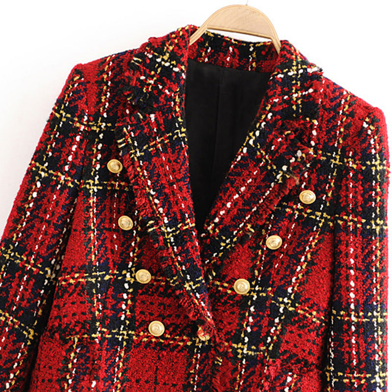 Women's Autumn Woolen Plaid Slim Fit Long Blazers