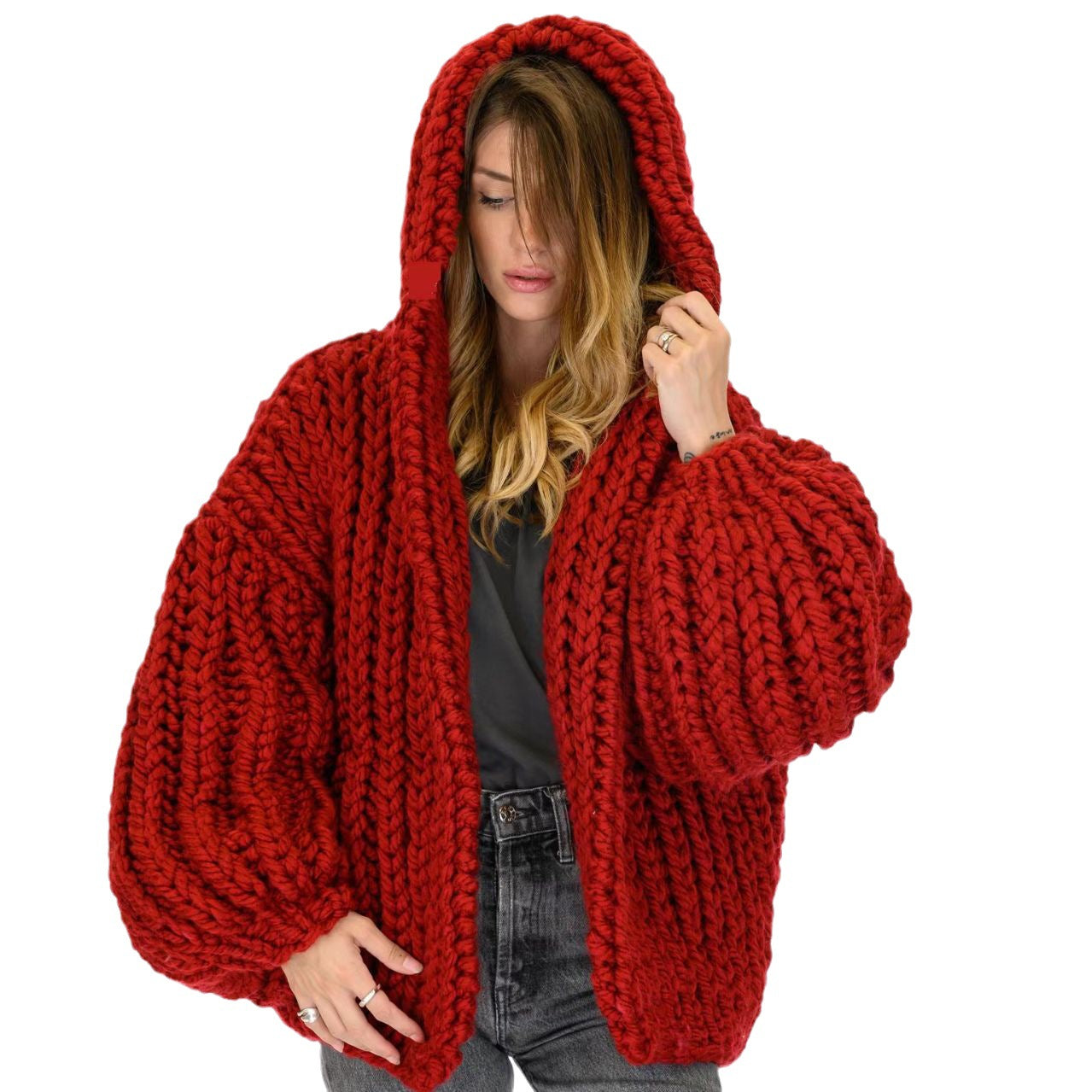 Women's Lazy Style Hooded Handmade Knitting Needle Sweaters