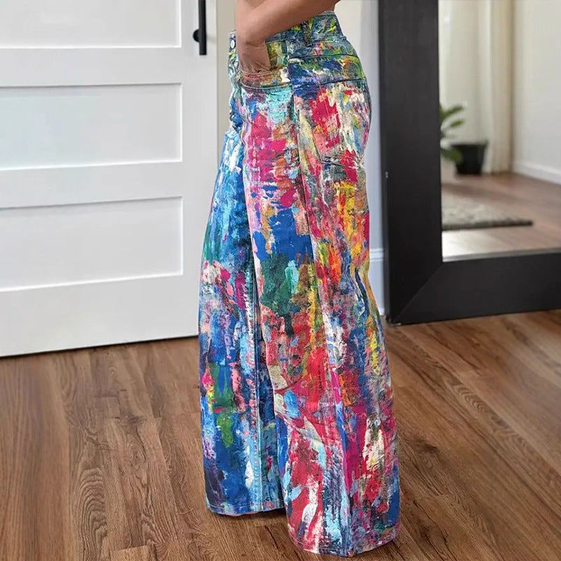 Fashion Casual Straight Painted Elastic Denim Jeans