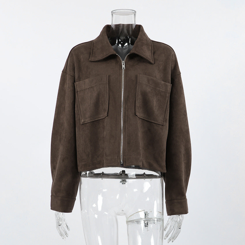 Women's Long Sleeve Suede Brown Small Zipper Blazers