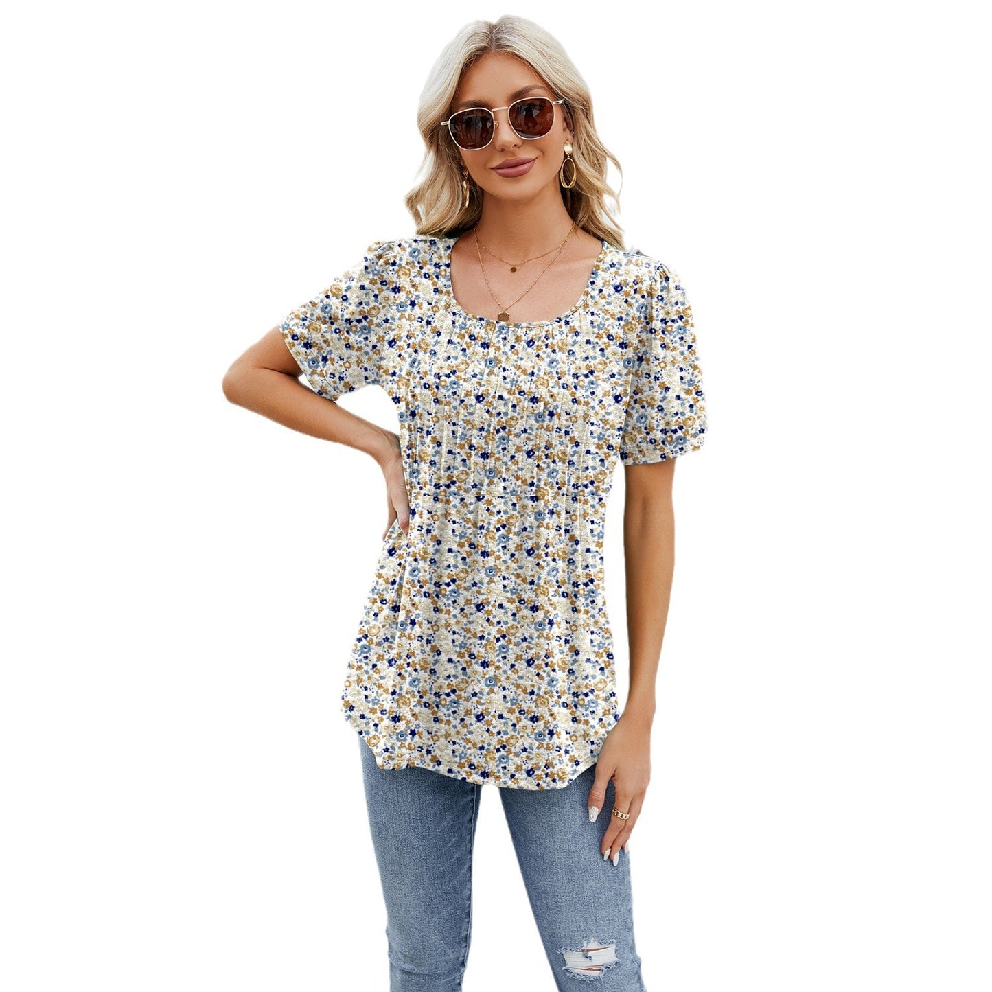 Women's Round Neck Strip Loose Sleeve T-shirt Tops