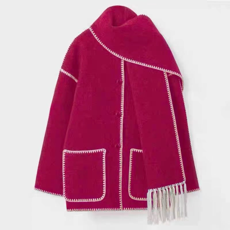 Women's Fashion Woolen Thick Loose With Scarf Coats