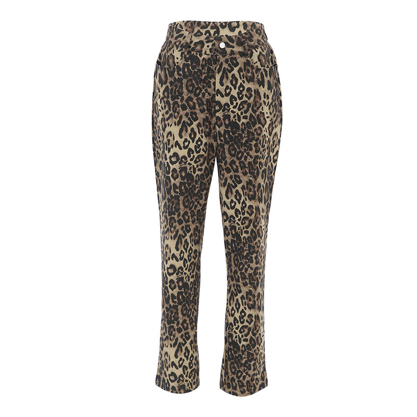 Leopard Print High Waist Straight Retro Pants