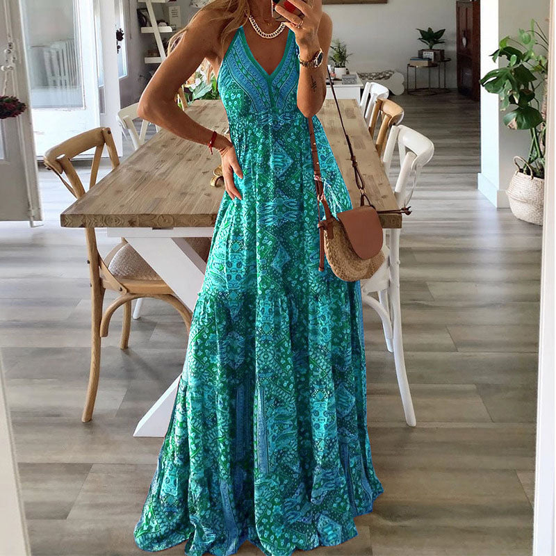Women's Bohemian Strap Dress High Waist Printed Dresses